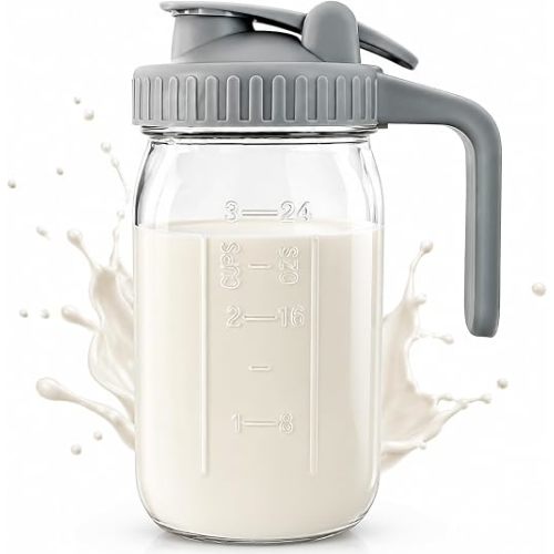 32oz Glass Milk Pitcher with Lid, Double Leak-Proof Design with Pour Spout & Handle, 1 Quart Wide Mouth, Fridge & Dishwasher Safe, Milk Container for Coffee, Creamer, Sun Tea & Juice(Grey)