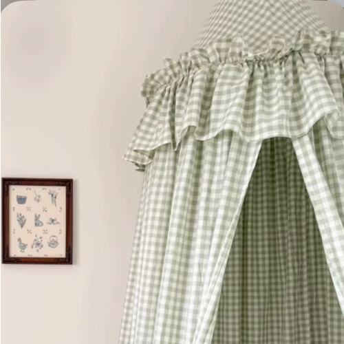 Plaid Kids Bed Canopy, Korean Cotton Dome Curtain, Blackout Crib Canopy, Fairy Tale Nursery Bedroom Decor