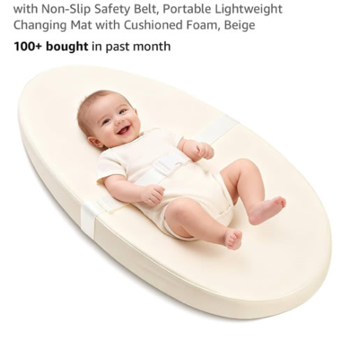 Baby Changing Pad for Dresser, with Wipeable Waterproof PU Cover, Contoured Diaper Changing Pad with Non-Slip Safety Belt, Portable Lightweight Changing Mat with Cushioned Foam, Beige