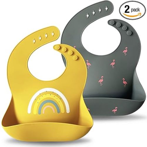 Moonkie Silicone Baby Bibs Set of 2, BPA Free Waterproof Baby Bibs for Eating, Soft Adjustable Silicone Bibs for Babies 6-12 Months, Toddler Bibs with Large Pocket Food Catcher (Dark Grey/Kodak)