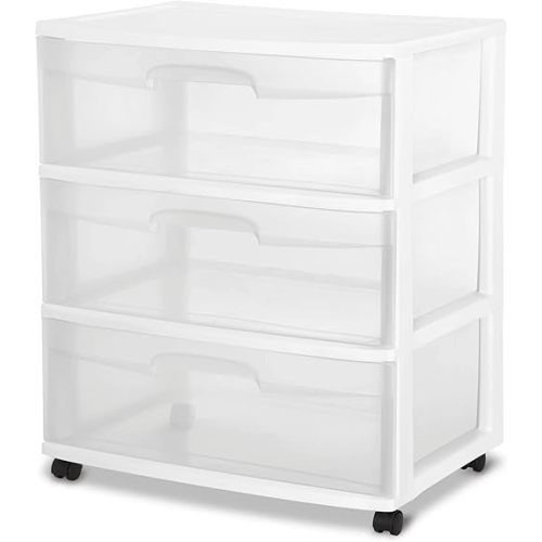 Plastic Storage Drawer Cart, Medium Home Organization Storage Container with 3 Large Clear Drawers With Wheels (WHITE)