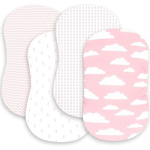 BaeBae Goods Premium Bassinet Fitted Sheet Set - 4 Pack 100% Jersey Knit - Standard Size Oval or Halo Bassinet Pads - Pink Floral