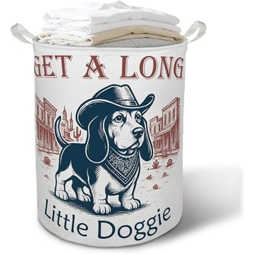 Western Cowboy Basset Hound Dog Laundry Basket Hamper, Vintage Funny Cowboy Hat Dog Foldable Clothes Toys Books Storage Box Bins Baskets Organizer for Home Bedroom Bathroom