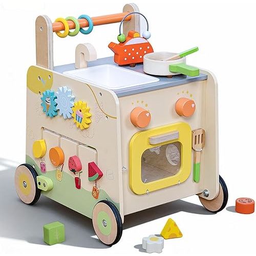 Wooden Baby Walker 3-in-1 Push Toy for Toddlers, Montessori Sensory Activity Center with Pretend Kitchen, Adjustable Speed Learning Walker, Safe Wooden Toy, Ideal Gift for Boys and Girls
