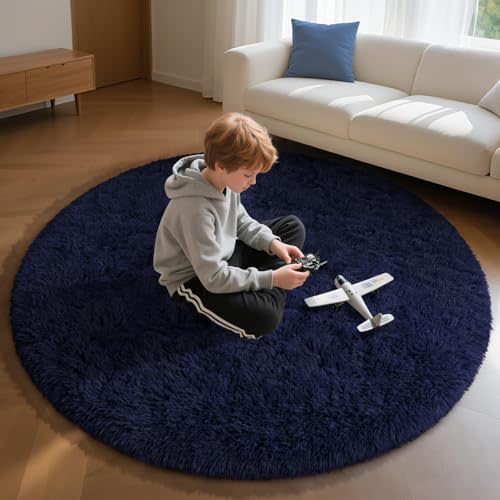 EVOIONOS Navy Blue Round Rug for Bedroom, 4x4 Ft Fluffy Soft Circle Area Rugs for Living Room, Plush Shaggy Circular Carpet for Indoor Floor Bedside Kids Nursery, Machine-Washable Home Decor Aesthetic