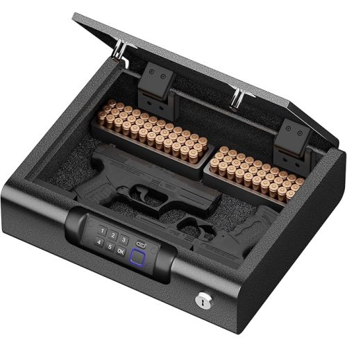 BILLCONCH Cabinet Safes Biometric Gun Safe Portable Pistol Safes Electronic Lock Box Key Access with LED Light Silent Mode Bedside Gun Safe for Pistols, Gun Lock Box for Nightstand