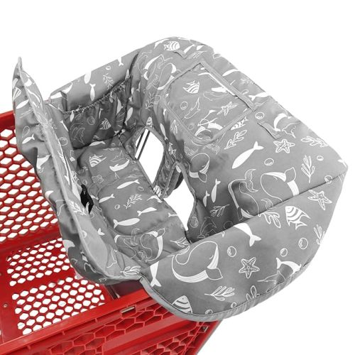 2-in-1 Shopping Cart and High Chair Cover for Baby, Padded Cover, Fold'n Roll Style, Portable with Carry Bag (Gray Seaworld)