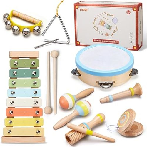 Baby Musical Instruments Set Montessori Wooden Music Toys for Toddlers 3 4 5 Neutral Color Percussion Music Kit with Drum, Xylophone,Storage Bag, Birthday Preschool Learning Gift for Boys Girls