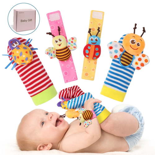 Bloobloomax Baby Rattles Toys for 0-12 Month, Infant Girl Boy Toys for Babies 3-6 Months, Newborn Hand & Foot Toys for 0 to 9 Months, Baby Shower Gifts Set with Wrist Rattle Socks (Pink-4PCS)
