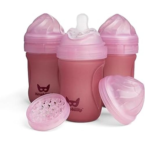Herobility Glass Baby Bottle - 7 fl oz/220 ml - 3 Pack | Heat Sensing Color-Changing Bottle with Double Anti-Colic Nipple - Silicone Coating - Breastlike Nipples for Newborn Babies - Rose Color