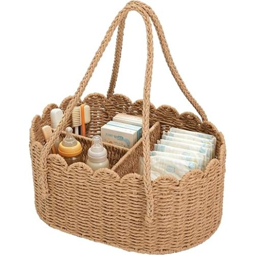 Wicker Diaper Caddy Organizer, Paper Rope Hand Woven Diaper Basket with Removable Divider and Handles, Portable Baby Diaper Caddy for Car, Baby Shower Gifts, Newborn Essentials Must Haves, Khaki