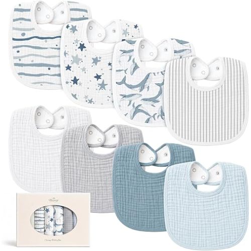 Konssy 8-Pack Muslin Baby Bibs, Adjustable Fit for Drooling and Teething