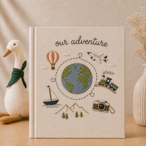 Custom Hand Embroidered Travel Journal, Travel Keepsake Album, Embroidered Photo Album With Sleeves, Personalized Travel Notebook