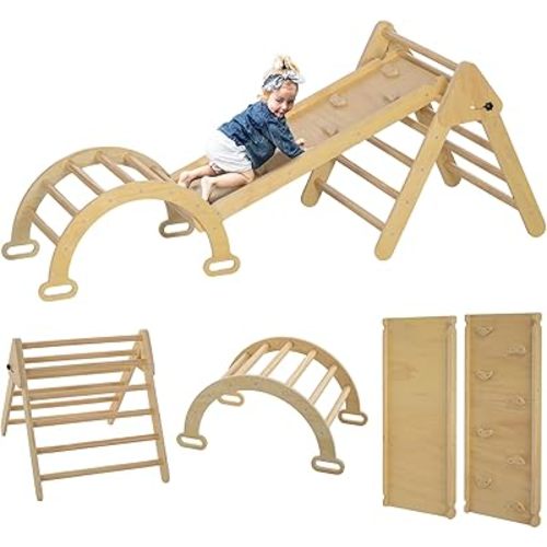 Qaba Pikler Triangle Set, 5 in 1 Climbing Toys for Toddlers, Indoor Baby Jungle Gym with Ladder, Ramp, Arch, for Climbing, Sliding, for 18-48 Months, Nature Wood