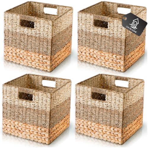 CHI AN HOME 11 Inch Cube Storage Bins, Wicker Storage Baskets for Cube Shelf, Natural Foldable Square Baskets for Storage, Large Woven Storage Bin with Handle, Baskets for Pantry, Living Room Set of 4