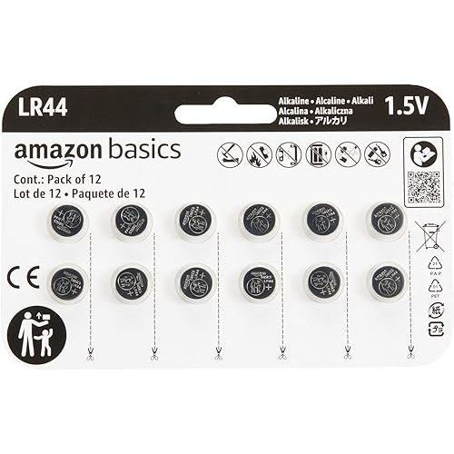 Amazon Basics 12-Pack LR44 Alkaline Button Cell Batteries, 1.5 Volt, Long Lasting Power, Mercury-Free