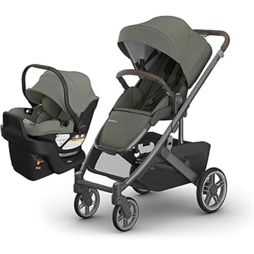 UPPAbaby Cruz V3 Stroller + Aria V2 Lightweight Car Seat Travel System Combo – Toddler Seat, Bumper Bar, Bug and Rain Shield, Car Seat Base, and Infant Insert Included – Evelyn (Meadow Green)