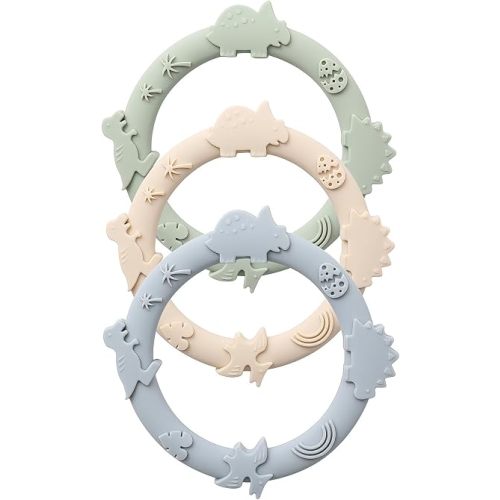 Silicone Teethers for Babies 0-6 6-12 Months Teething Toys for Infants Baby Chew Toys for Sucking Needs Baby Teething Rings for Infant Boys and Girls 3 Pack-Dinosaur-Blue