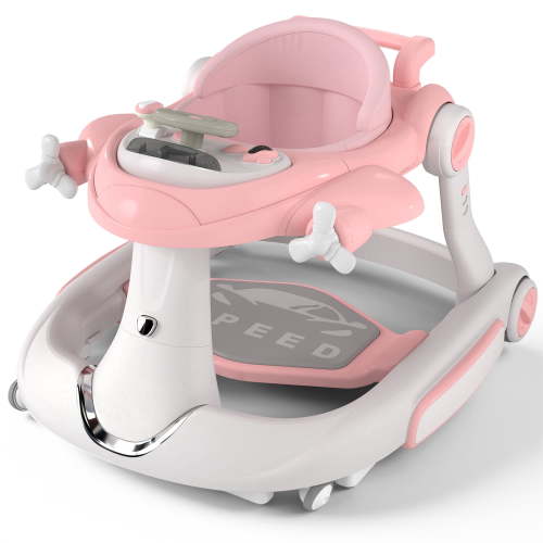 AILEEKISS 5-in-1 Musical Baby Walker with Wheels, Foldable Baby Walker for Boys Girls, Pink Beige