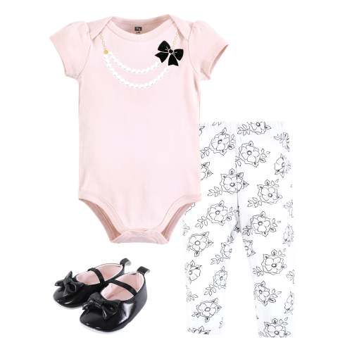 Hudson Baby Cotton Bodysuit, Pant and Shoe Set, Pink Black Necklace