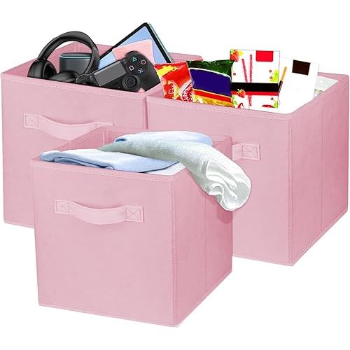 3 Pcs Storage Cubes, 10.5 Inch Collapsible Storage Bins, Fabric Foldable Bins for Organization, Durable Storage Bins for Closet, Shelves, Offices (Pink)