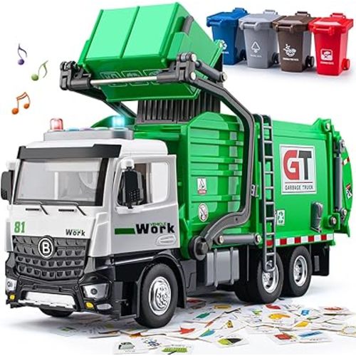 Garbage Truck Toys for Boys, 12" Big Trash Truck with Lights and Sounds, Friction Powered Waste Management Recycling Toy Set with 4 Trash Cans and Sorting Cards, Gift for Kids