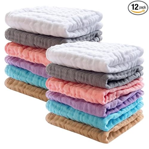 SWEET DOLPHIN 12 Pack Baby Muslin Washcloths - Soft Face Cloths for Newborn, Absorbent Bath Wash Cloths, Wipes, Burp Rag - Toddlers Essentials Stuff, Baby Registry as Shower -10"x10", Multicolor