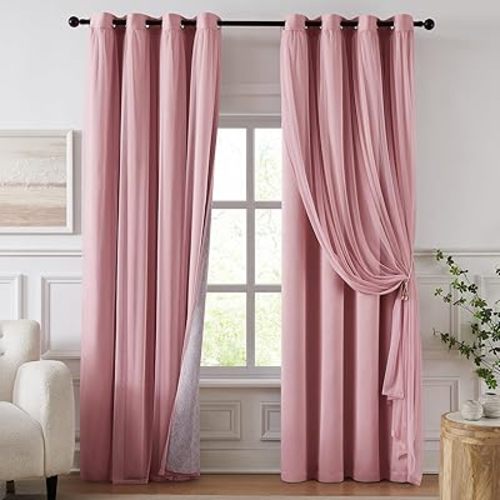 Blackout Curtains for Bedroom, Double Layer Pink Curtains, Black Out Curtain 90 inch Long with Sheer Overlay for Living Room, Room Darkening Window Drapes with Grommet, 52" W x 90" L
