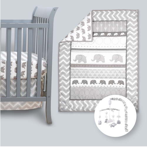 Peanutshell Elephant Walk 4Pc Baby Nursery Set - Quilt, Sheets, Skirt, Mobile, Animal Comforter