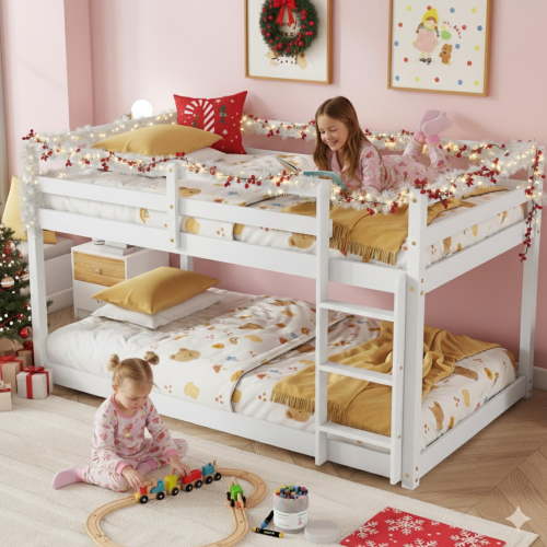 SESSLIFE Bunk Bed Twin Over Twin, Low Floor Bunk Bed with Guard Rails for Dorm, Small Space, No Box Spring Needed(White)
