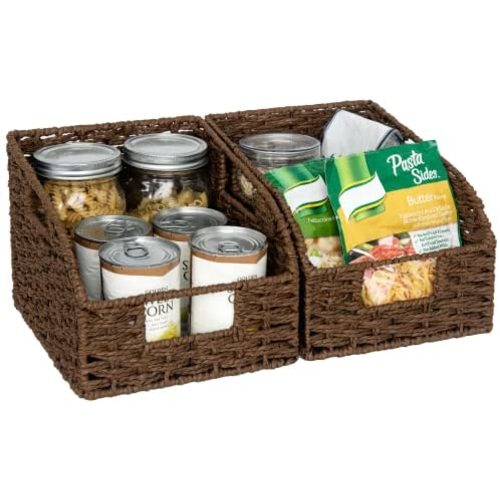 StorageWorks Round Paper Rope Storage Baskets with Built-in Handles, Hand Woven Baskets for Organizing, Dark Brown, 8 ½"L x 9 ¾"W x 7 ½"H, 2-Pack