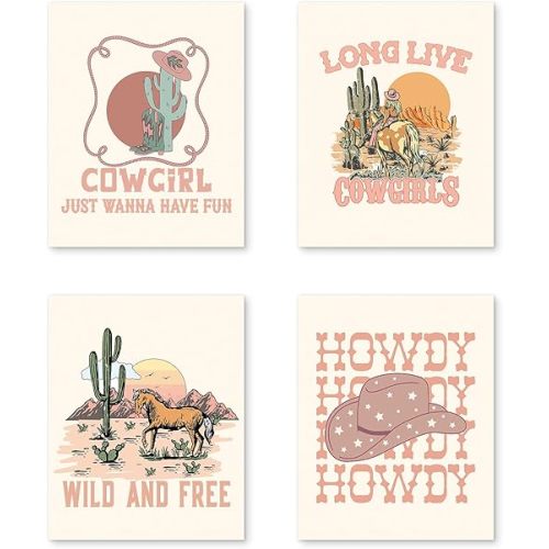 PUHEI Retro Western Howdy Cowgirl Wall Art Prints Set of 4,Nursery Decor Girl, Western Room Decor For Teen Girls, Cowgirl Nursery Boho Bedroom Decorations (Unframed), 8 x 10 In