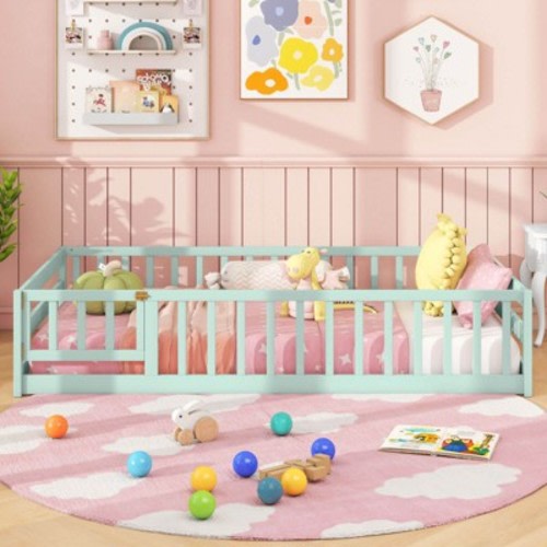 Costway Twin Size Wooden Floor Bed with Full Length Safety Guardrails Door & Latch Mint Sky
