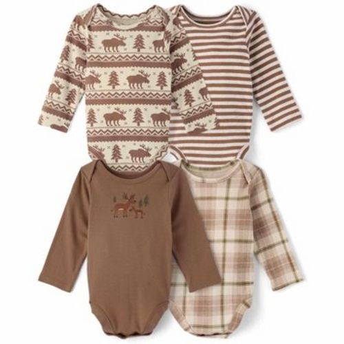 The Children's Place Baby Boys Long Sleeve Moose Bodysuit 4-Pack Brown 9-12 M