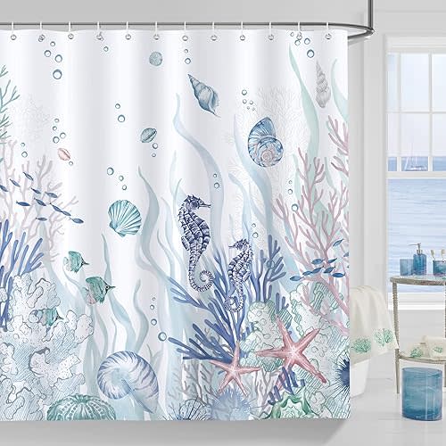 Bonhause Nautical Coastal Shower Curtain, Ocean Themed Coral Seahorse Seashell Starfish Beach Shower Curtain, 72x72 Inch Polyester Fabric Waterproof Bathroom Curtain with 12 Hooks