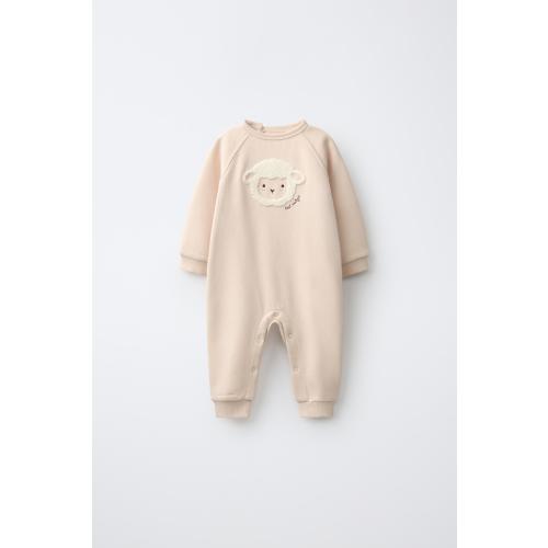 Size 9-12 Months COW EMBROIDERED LONG JUMPSUIT - Beige