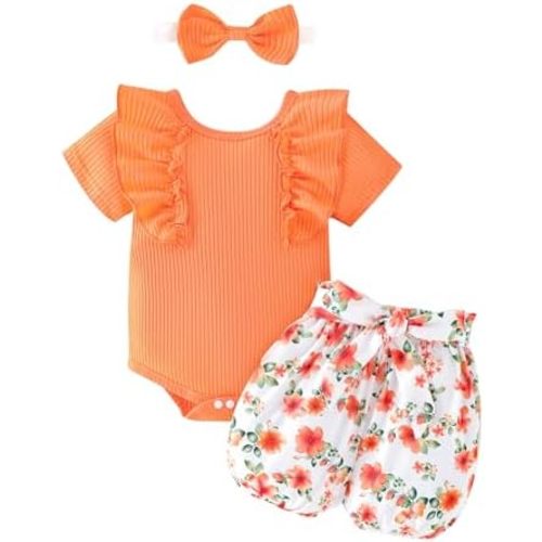 Baby Girl Clothes Newborn Cute Ruffle Short Sleeve Romper Floral Shorts Summer Outfits with Headband 0-18 Months