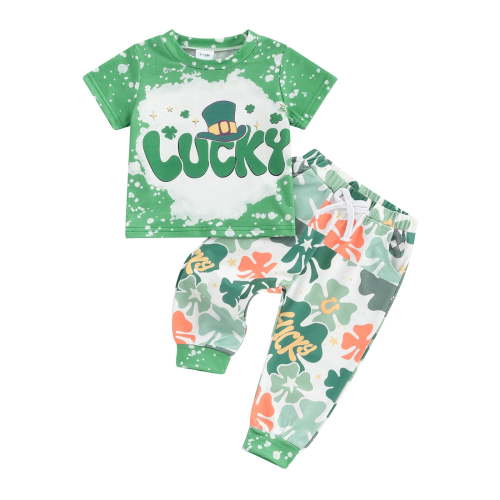 Elippeo Toddler Baby Irish Festivals Clothes 9M 12M 18M 24M 3Y 4Y St Patricks Day Letter Print Short Sleeve T-Shirt with Shamrock Pattern Pants 2Pcs Outfit