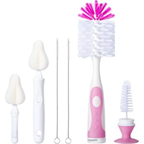 Baby Bottle Brush Set with Nipple Cleaner and Suction, 10.2" Cleaning Brush and 6.5" Sponge Bottle Brush with A Replacement Brush Head and Two 6.7" Straw Brushes, Pack of 5 (Pink)