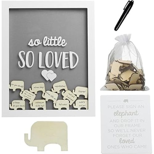 Pearhead So Little So Loved Wooden Elephant Token Frame, Little Wishes Signature Baby Shower Guestbook Alternative, Gender-Neutral Pregnancy Keepsake With 65 Signature Tokens and Pen, Gray and White