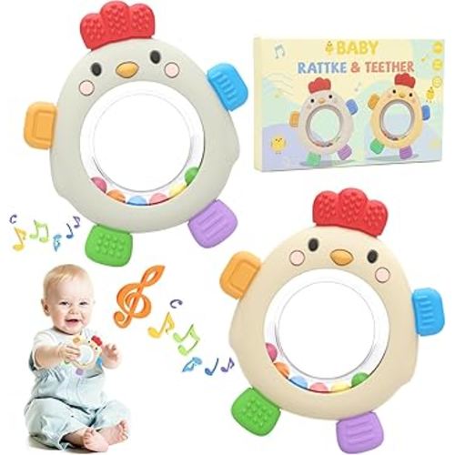 2pcs Teething Toys for Babies, Rattle Silicone Teething Ring BPA Free, Teethers 0-3-6-12+Months, BPA Free Grasping Teethers, Teething Relief for Boy, Girl Toddlers Baby Gift Essentials