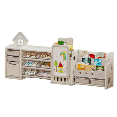 UNICOO® Kids Multifunctional Toy Storage Organizer with 3-Tier Bookshelf, Storage Rack & Drawing Board, Flexible & Versatile L Shaped Organizer for Nursery, Playroom, Study Room (Grey & White)