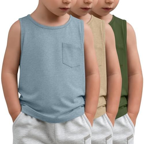 3 Pack Toddler Boys Tank Tops 18M-5T Little Boy Sleeveless Crew Neck T-Shirts with Pocket Summer Casual Soft Tanks