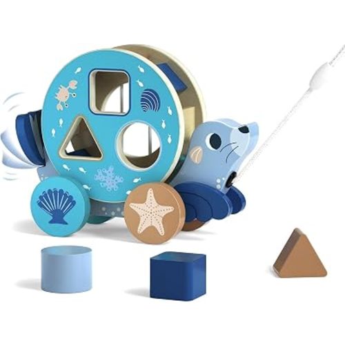 LOVELAND Wooden Pull Toy for Toddlers 1-3, Seal Shape Sorter, Boy Girl Gift