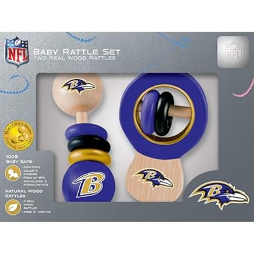 MasterPieces NFL Baltimore Ravens Natural Wood, Non-Toxic, BPA, Phthalates, & Formaldehyde Free, Baby Rattle Set, 2 Pieces