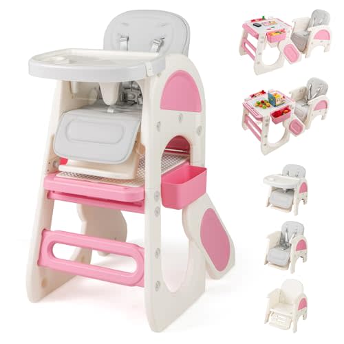 BABY JOY Baby High Chair, 8 in 1 Convertible High Chairs for Babies and Toddlers, Building Block Table and Chair Set, Adjustable Backrest, Removable Double Tray, Storage Boxes, Safety Harness (Pink)