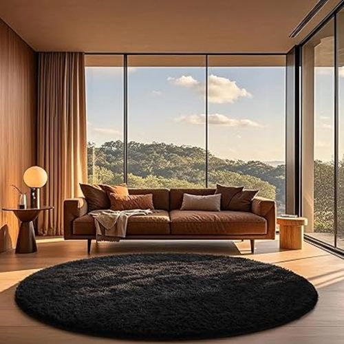 Ophanie Round Rug 6Ft Black Circle Area Rug, Room Decor for Men, Fluffy Fuzzy Bedroom Carpet, Plush Soft Shaggy Living Room Rugs for Kids Home Decor Aesthetic, Nursery