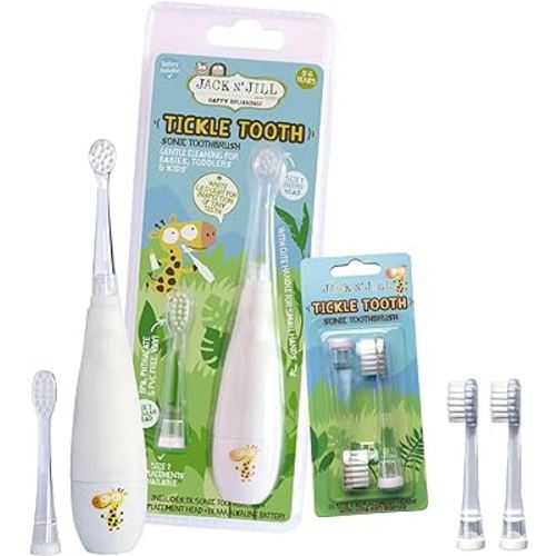 Jack N' Jill Tickle Tooth Toddler Electric Toothbrush with Replacement Head - Gentle Cleaning, Made for Tiny Teeth, LED Inspection Light, for Babies & Kids, Extra Soft Bristles - (1 Pack)
