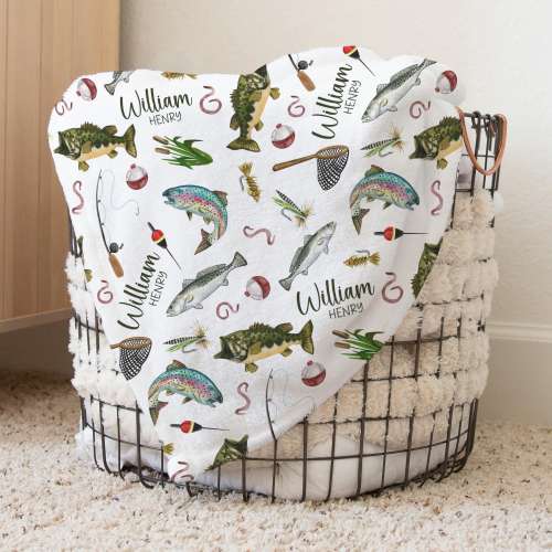 Custom Fishing Nursery Baby Name Blanket, Personalized Fishes Swaddle Baby Shower Gift, Fisher New Mom Hospital Blanket, Newborn Gift