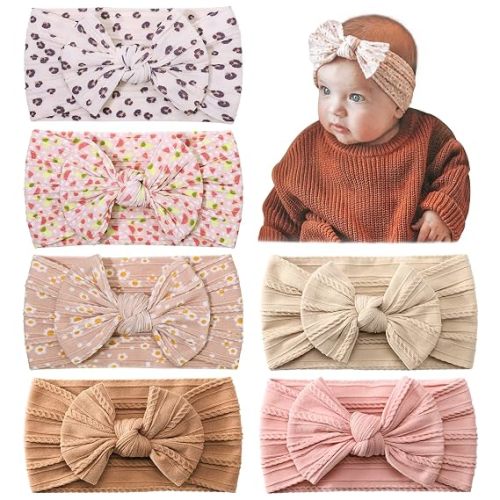 6pcs Baby Nylon Headbands Hair Bow Elastics Hairbands Hair Accessories for Baby Girls Newborn Infant Toddlers Kids (Upgrade patterns colors)
